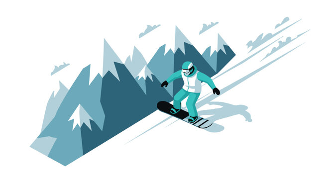 Snowboarder gliding down icy mountain slope in stylish winter gear