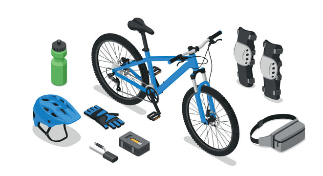 Essential mountain bike gear with accessories and safety equipment in isometric design