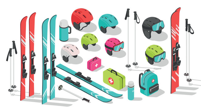 Isometric winter sports equipment set featuring skis, helmets, and accessories