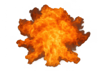Explosion fire burst with intense orange and yellow flames, isolated on a transparent alpha channel background