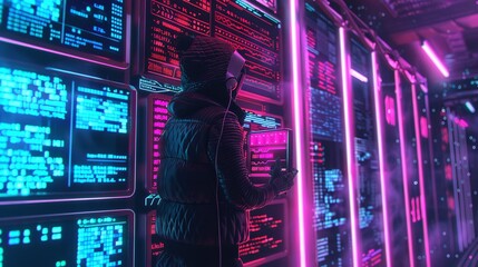 Person in futuristic server room with neon lights and data displays, exploring the digital world