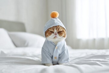 A fluffy cat wearing a striped pajama outfit relaxes on a neatly made bed. Sunlight streams through the window, creating a warm atmosphere in the room.