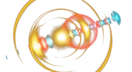 Golden yellow, amber, red, and soft cyan flares blending together on dark background, dynamic circular halos, cosmic prism glow, vibrant cinematic lighting. clean PNG