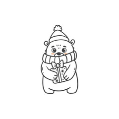 cute cartoon bear wearing a sannta hat and scarf with gift. Teddy bear in Doodle style drawing for greeting cards, Christmas cards, banners and coloring pages. Vector illustration.
