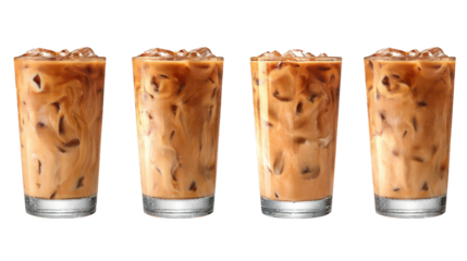 Refreshing iced coffee served in four tall glasses cool dark coffee with ice fills tall clear glasses