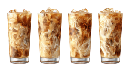 Four tall glasses of iced coffee with ice chilled coffee beverages served in tall glasses with ice