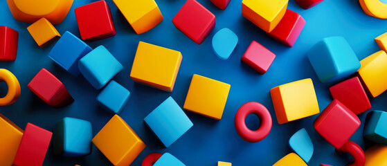 Top view of a 3D abstract composition with colorful cubes, spheres, and cylinders on a black surface. Suitable for advertising, websites, presentations, and creative layouts.