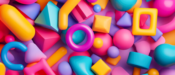 Bright 3D background with many colorful geometric objects including cubes, cylinders, spheres, and prisms on a blue surface. Suitable for creative projects, ads, and web design.