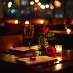 Evening home dinner scene with candles, wine glasses, and warm ambient lighting creating a romantic atmosphere. lifestyle, holiday, and food promotions.
