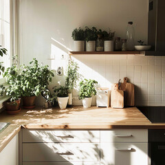 Minimal kitchen decor with potted plants, wooden accessories, and natural textures creating a warm, inviting atmosphere.interior design and lifestyle visuals.