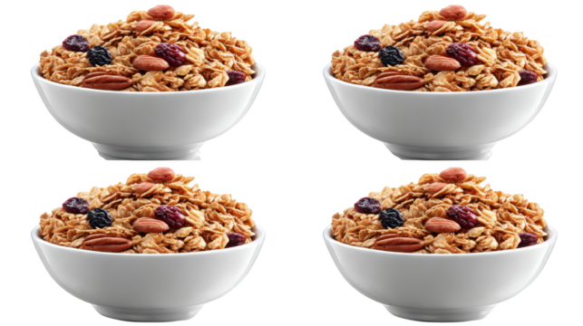 Four bowls contain cereal and nuts selection of cereal and nuts fills four bowls