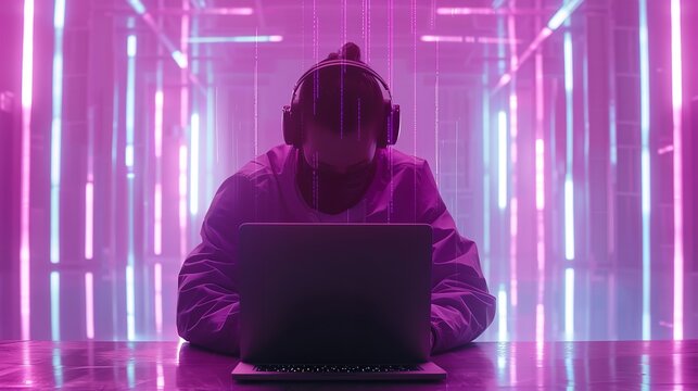 Focused gamer immersed in virtual world, playing online game on laptop with neon lights - Powered by Adobe