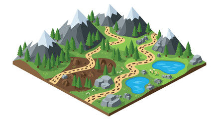 Fototapeta premium Isometric mountain landscape with hiking trail and lakes in a forest setting