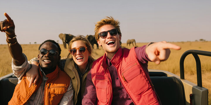 Excited multi ethnic friends pointing on an african safari