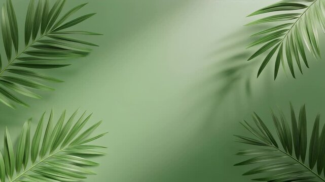 Palm leaves frame a soft, light green background with subtle shadows, creating a natural and calming aesthetic.
