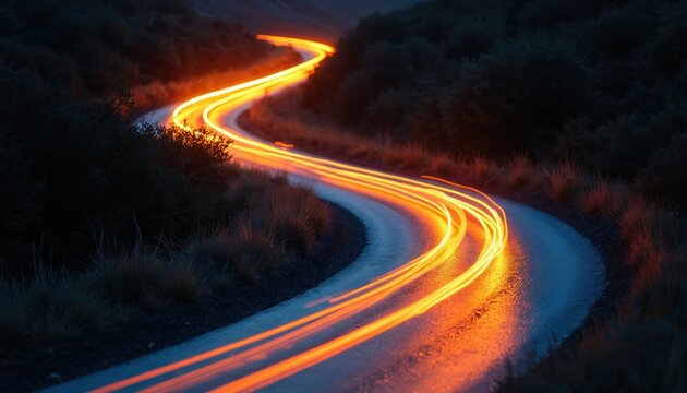 Car light trails mark winding road at night. Orange streaks curve through dark landscape. Motion blur captures fast vehicle movement on path.
