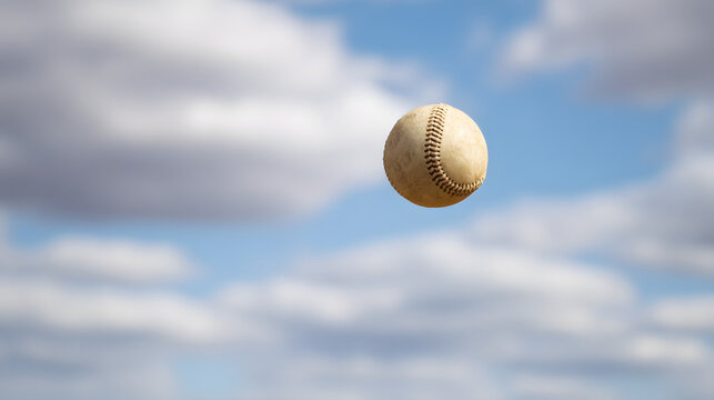 hurl. A baseball suspended in mid-air against a plain, blurred background. event key visuals, club posters, designed for sports event promotions and stadium branding, used by fitness trainers.