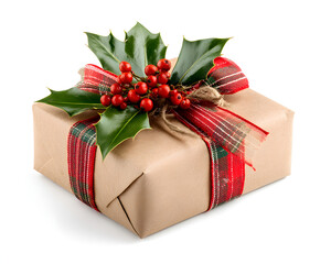 Christmas gift box wrapped in paper with red tartan ribbon and holly berries, isolated on white background.