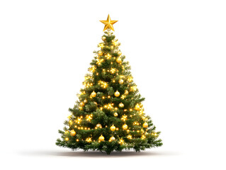 Christmas tree adorned with golden star and glowing yellow lights, festive decoration, isolated on white background.