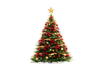 Christmas tree decorated with red and gold ribbons, baubles, and a golden star, isolated on white background.
