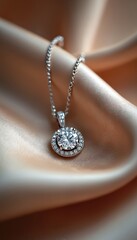 Fototapeta premium Close up of diamond pendant necklace on satin fabric. Silver chain with sparkling central gem surrounded by small stones. Elegant luxury jewelry accessory.