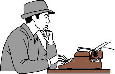 Illustration of a thoughtful writer in a hat typing on a vintage typewriter, perfect for literature, journalism, and creative writing themes
