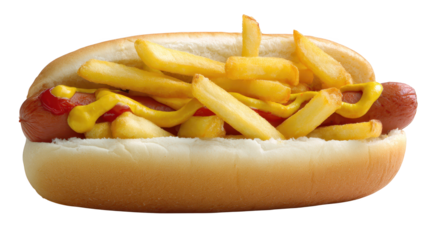 Savory hot dog and crispy fries served on bun classic hot dog with golden fries presents delightful meal