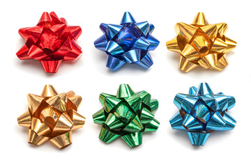 Collection of colorful shiny gift bows in red, blue, green, and gold, festive for holidays and celebrations, isolated on white background.