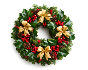 Christmas wreath decorated with holly leaves, pinecones, and golden bows, festive holiday decoration, isolated on white background.