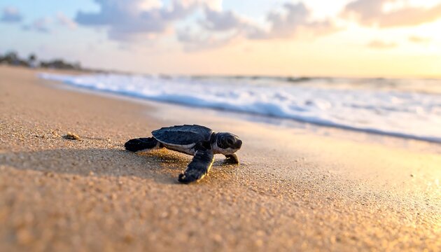 Hatchling sea turtle crawls across sandy beach toward foamy ocean under a golden sunset sky