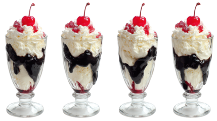 Four ice cream glasses topped with cherries glasses of chilled dessert feature ice cream and ripe cherries
