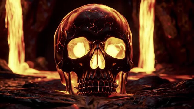 Glowing skull in lava cave with lava falls, fantasy art for horror, Halloween, dark themes