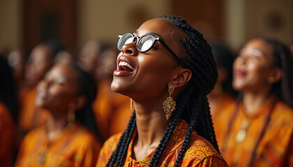 Black woman sings during gospel service at church. Group of people praise and worship with joyful expressions. Members of congregation wearing orange outfits are involved in community event.