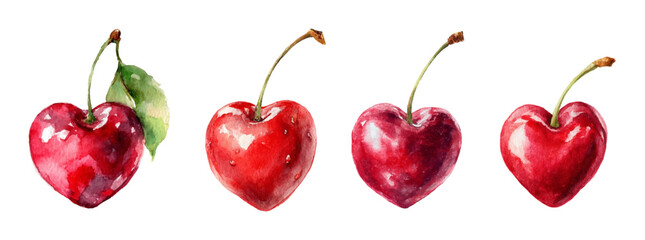 Watercolor set of heart cherries. Red juicy cherries in the shape of a heart with leaves and a stalk. Romantic berries in the shape of a heart. Elements for Valentine's Day, coquettes, etc.