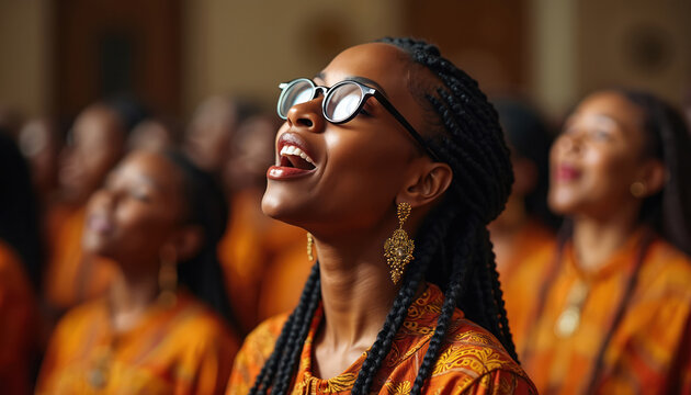 Black woman sings during gospel service at church. Group of people praise and worship with joyful expressions. Members of congregation wearing orange outfits are involved in community event.