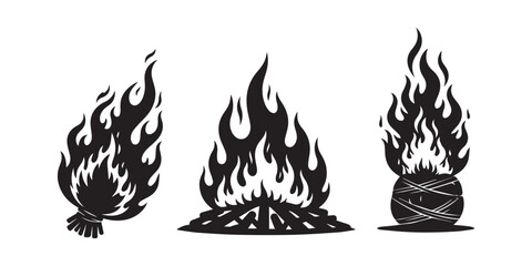 Classic silhouette flame. Black fire set isolated on white background. Old school tattoo neo-tribal style or silhouette flame for cars. Minimalistic stylish fire outline and filled contour. Vector set