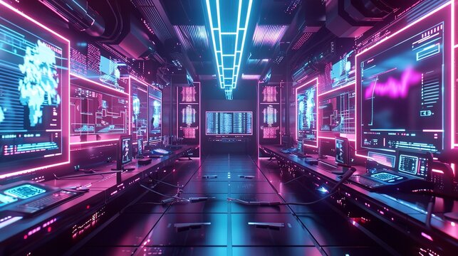 Futuristic interior of a spaceship control room with neon lights and advanced technology