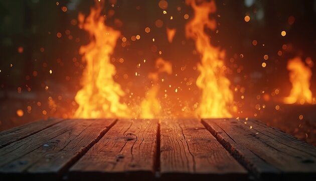Empty wooden table stands ready against fiery backdrop. Flames dance creating intense heat. Rustic wood provides contrast with bright orange, red tones. Ideal for culinary presentations, advertising