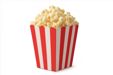 Popcorn filling red and white striped container, delicious snack for cinema, movie night, entertainment, junk food