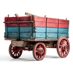 Vintage wooden wagon with worn red and blue paint, rustic design, isolated on white background.
