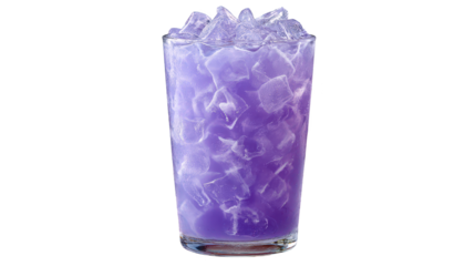 Tall glass with ice and purple drink stands refreshing purple liquid fills tall glass with ice