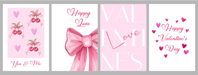 Set of cute cards for Valentine's Day. Pink cards with bows, cherries and hearts. Watercolor greeting cards. Templates for text and greetings. Happy Valentine's Day.