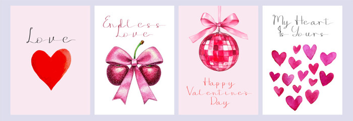 Set of Valentine's Day posters. Watercolor elements of hearts, disco balls and cherries with bows. Romantic cards x hand drawn cute elements. Design of Valentine's Day greeting card.