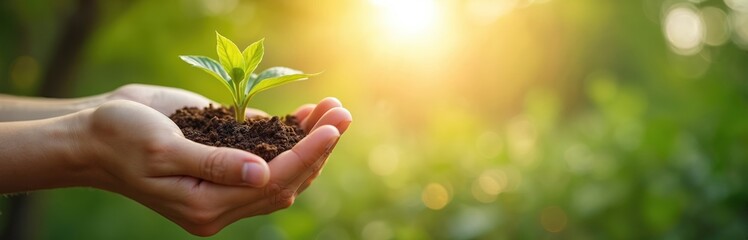 Fototapeta premium Hands cradle new plant sprout in rich soil, sunlit green leaves grow. Nurturing nature, future life, and climate action. Farming, garden, hope, eco balance.