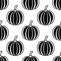 Black and white seamless pumpkin pattern illustration, repeating tile background design element ideal for harvest, halloween, or thanksgiving decoration themes