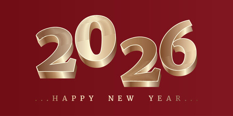 A red banner for the New Year holidays with golden numbers 2026 and the inscription Happy New Year on the background of abstract fireworks. Holiday banner, flyer, layout. Vector illustration.