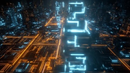 Abstract futuristic digital city network with glowing blue and orange lines. High-tech urban landscape representing big data, AI, and connectivity. - Powered by Adobe