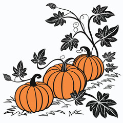 Orange pumpkins resting on the ground with black line art leaves, stems, and tendrils creating a decorative corner border element, vintage harvest illustration, isolated vector graphic