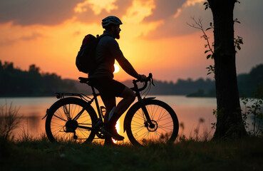 Obraz premium Man on bicycle watches sunset over calm lake. Traveler rests, enjoying tranquil nature scene after cycling. Peaceful outdoor adventure at dusk.