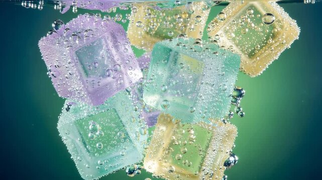 Colorful ice cubes floating in fizzy water